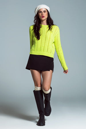 Q2 Women's Sweater Lime Green Cable Knit Jumper With Open Back And Bows