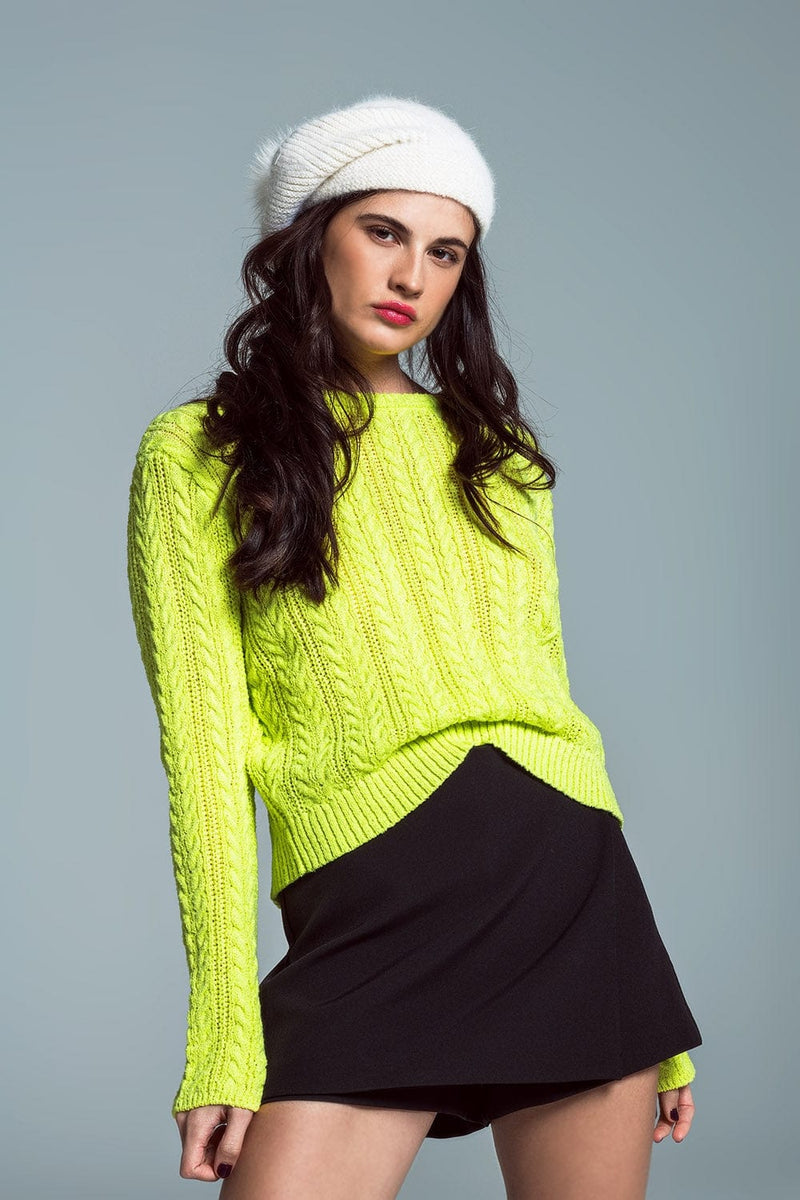 Q2 Women's Sweater Lime Green Cable Knit Jumper With Open Back And Bows