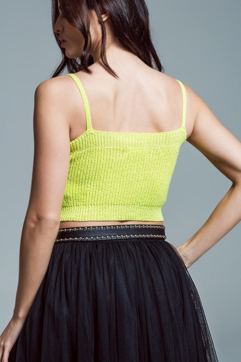 Q2 Women's Sweater Lime Green Crop Top With Spaghetti Straps