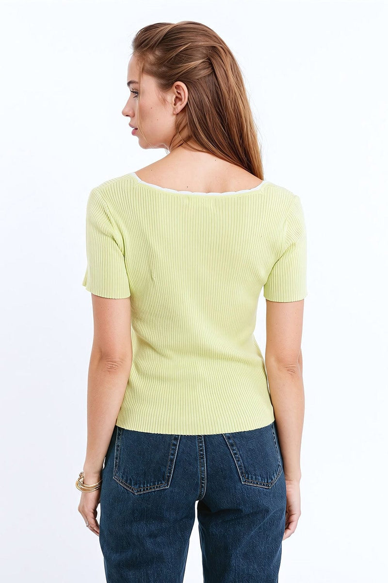 Q2 Women's Sweater Lime Knitted Short Sleeve Sweater With Square Neck And White Trim