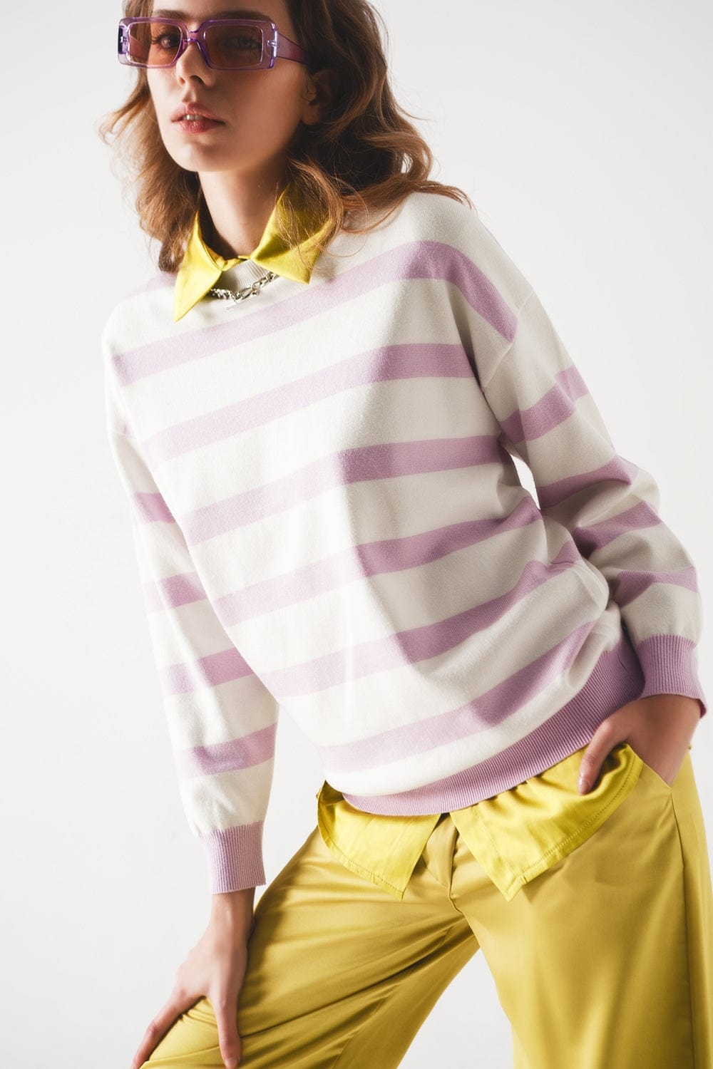 Q2 Women's Sweater Long Purple Striped Sweater