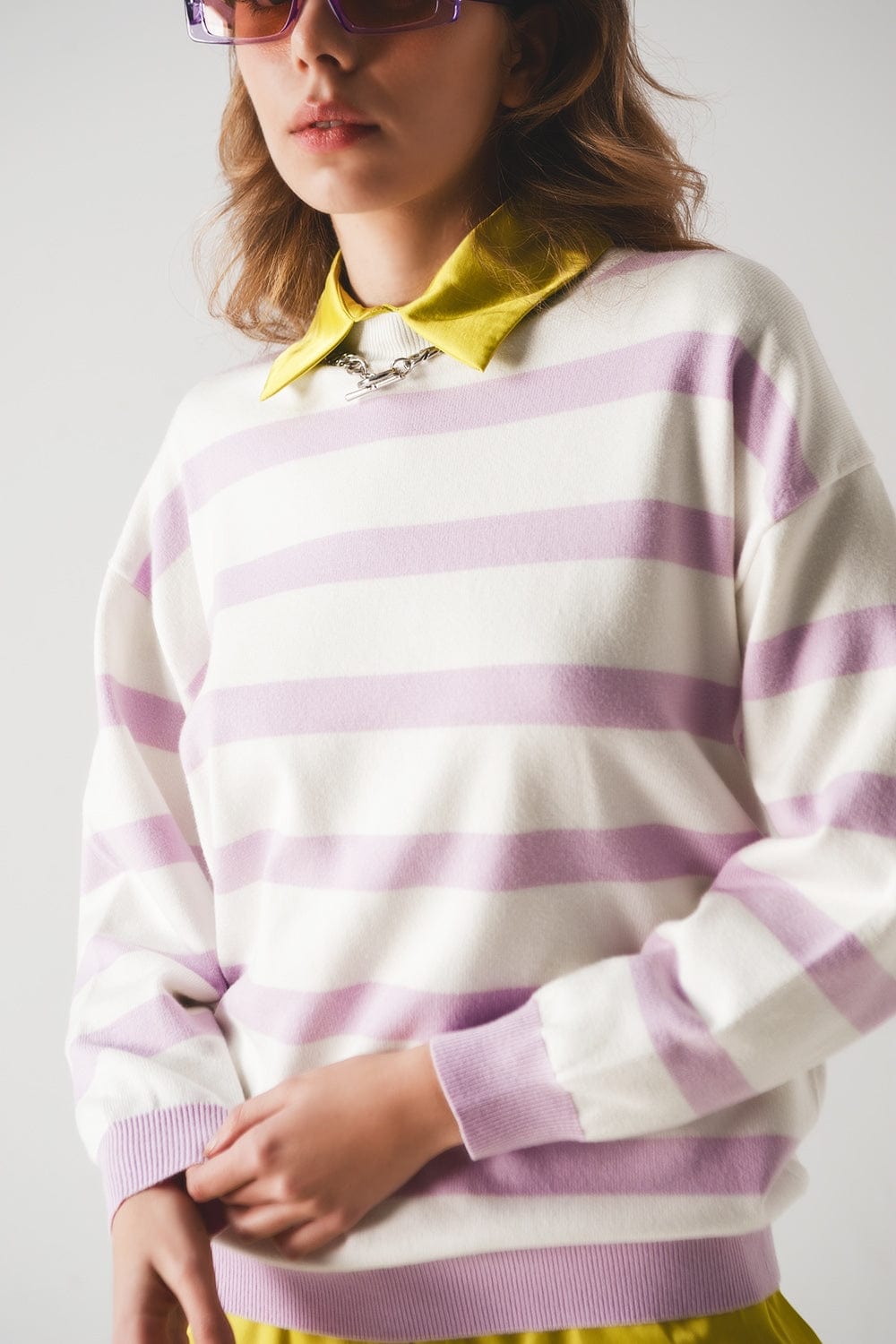 Q2 Women's Sweater Long Purple Striped Sweater