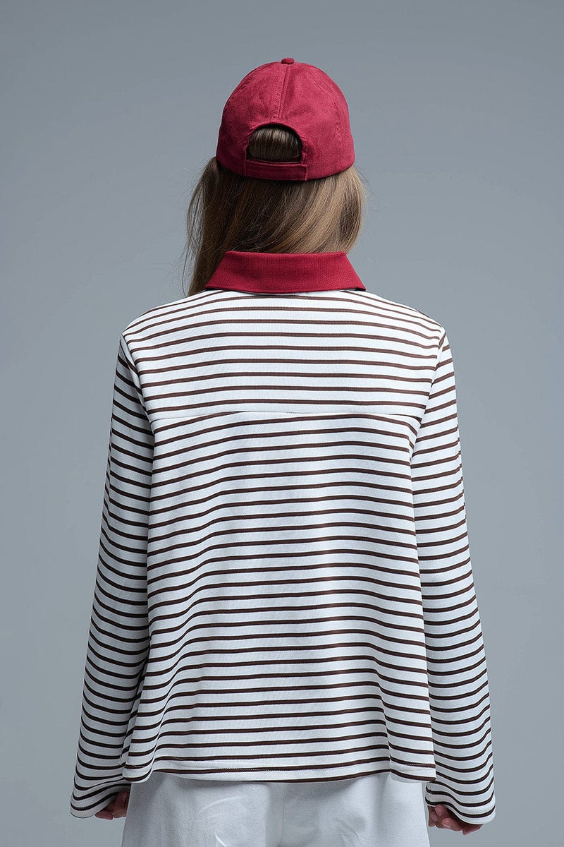 Q2 Women's Sweater Long Sleeve Relaxed Striped Polo Sweater In White And Brown