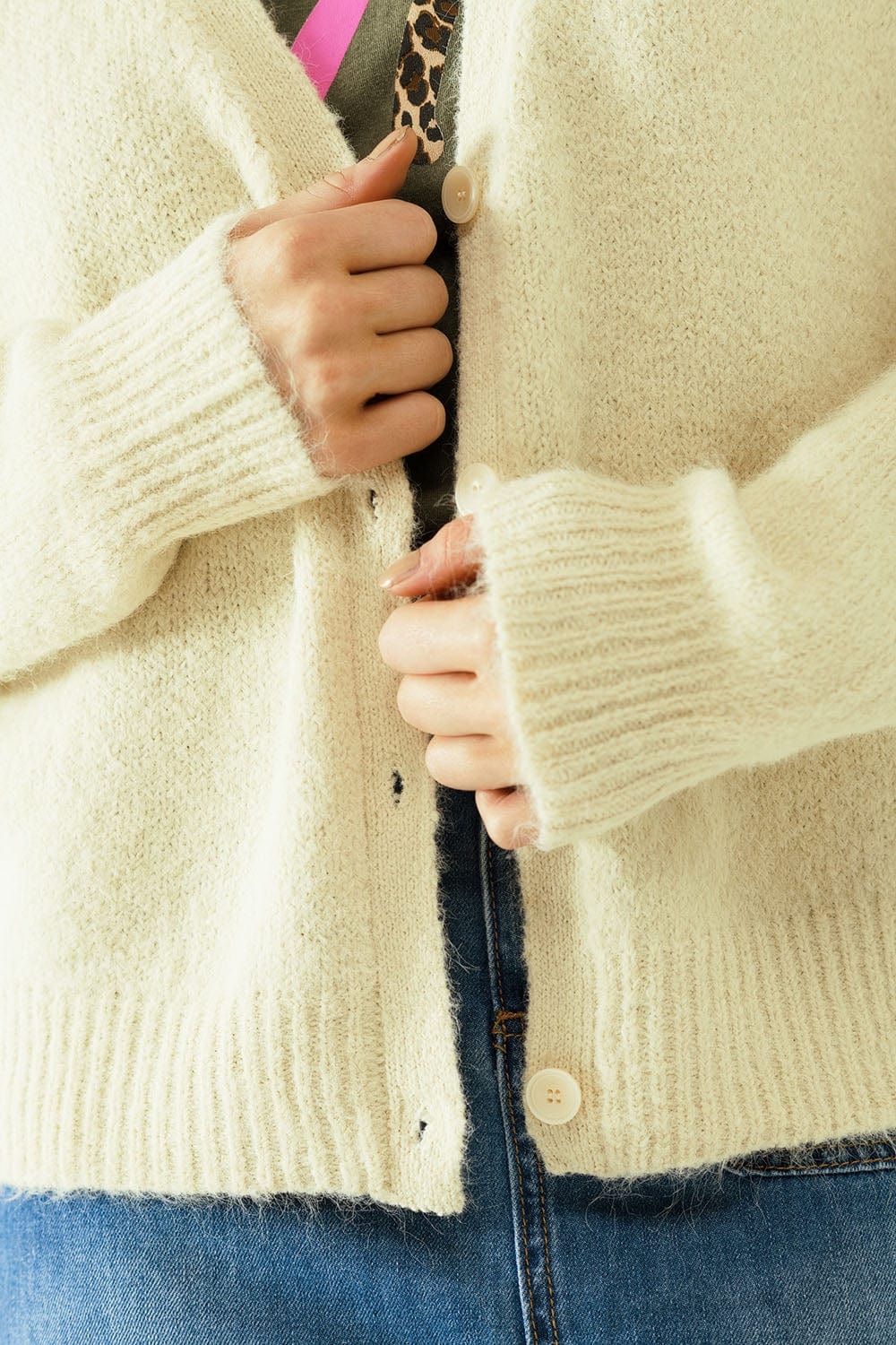 Q2 Women's Sweater Long Sleeves Creme Cardigan With Front Closure With Buttons
