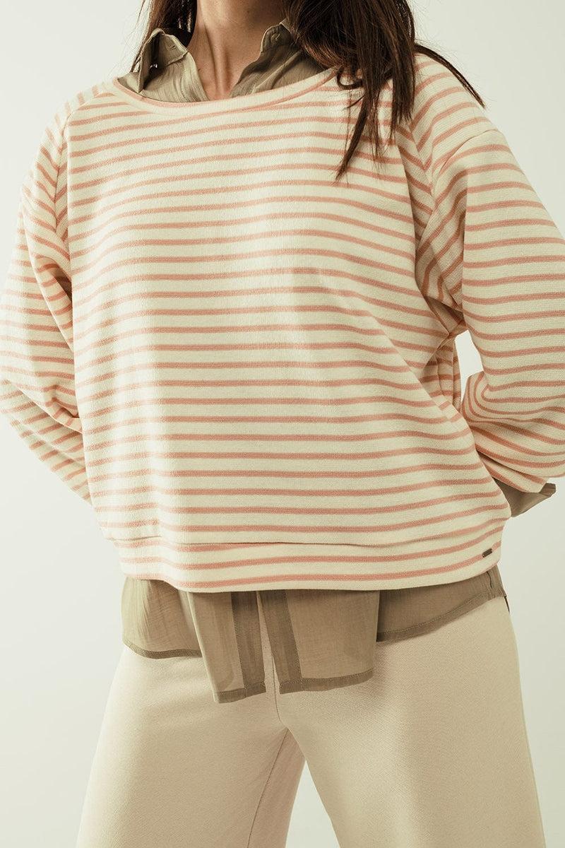 Q2 Women's Sweater Long Sleeves White Sweater With Pink Stripes And A Boat Neck