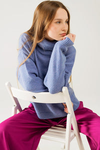 Q2 Women's Sweater Loose Blue Sweater With Dropped Sleeves