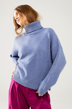 Q2 Women's Sweater Loose Blue Sweater With Dropped Sleeves