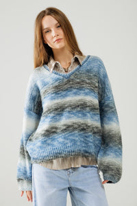 Q2 Women's Sweater Loose V-Neck Sweater With Blue And Grey Stripes