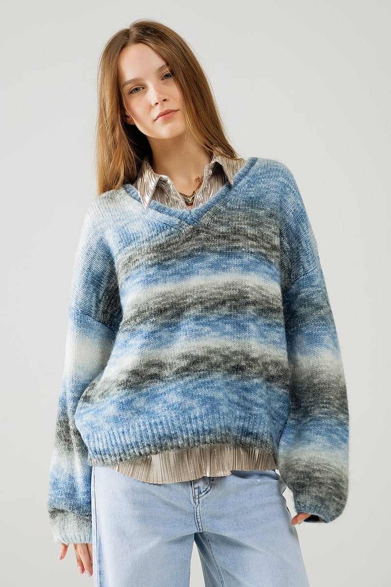 Q2 Women's Sweater Loose V-Neck Sweater With Blue And Grey Stripes