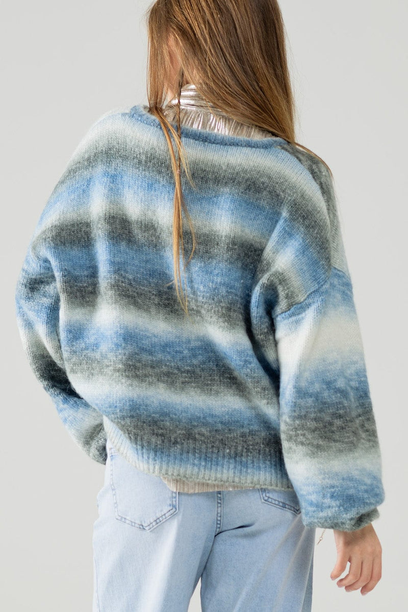 Q2 Women's Sweater Loose V-Neck Sweater With Blue And Grey Stripes