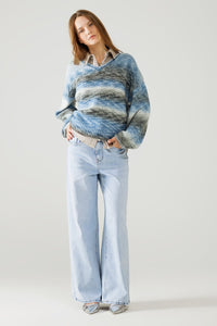 Q2 Women's Sweater Loose V-Neck Sweater With Blue And Grey Stripes