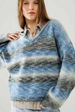 Q2 Women's Sweater Loose V-Neck Sweater With Blue And Grey Stripes