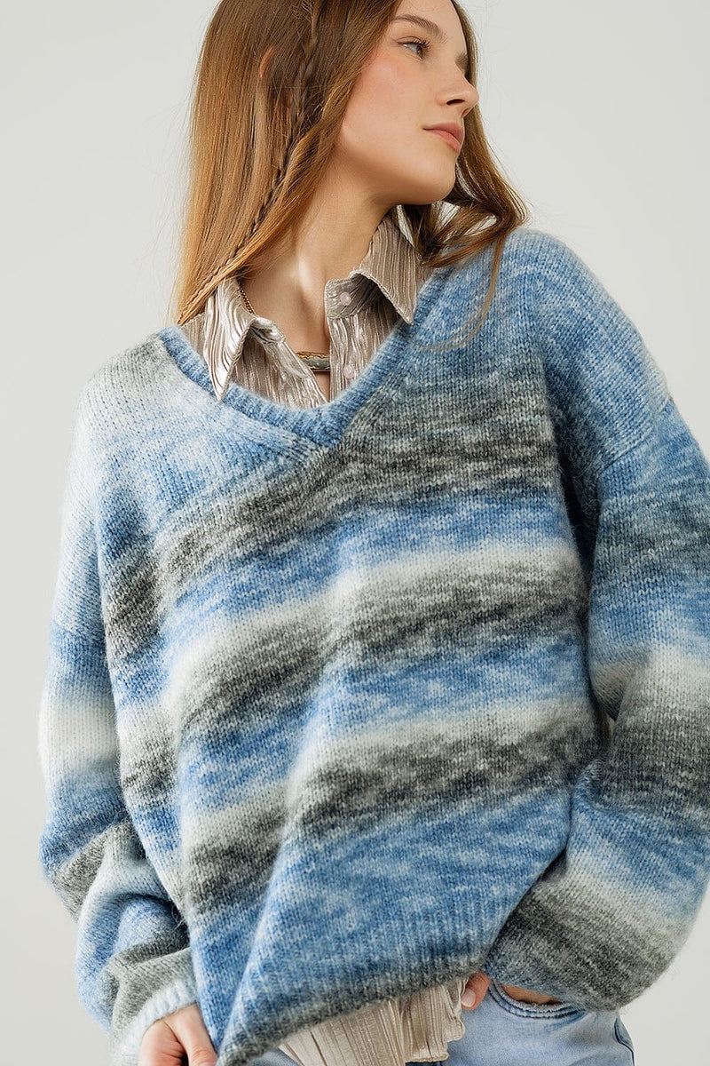 Q2 Women's Sweater Loose V-Neck Sweater With Blue And Grey Stripes