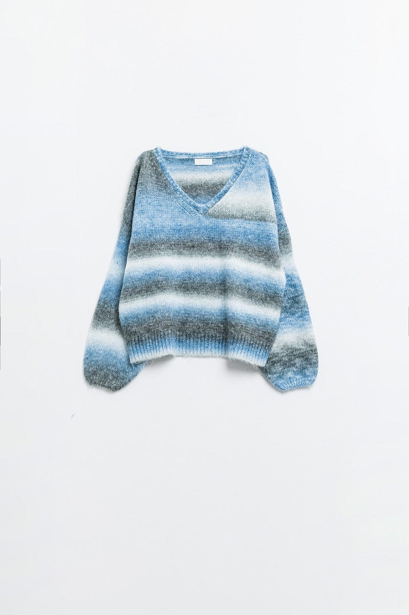 Q2 Women's Sweater Loose V-Neck Sweater With Blue And Grey Stripes