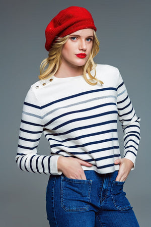 Q2 Women's Sweater Marine Style Stripey Sweater With Button Detail At Shoulder