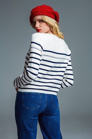 Q2 Women's Sweater Marine Style Stripey Sweater With Button Detail At Shoulder