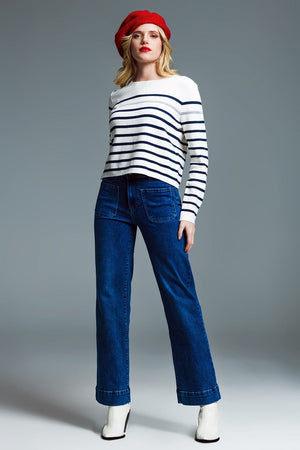 Q2 Women's Sweater Marine Style Stripey Sweater With Button Detail At Shoulder