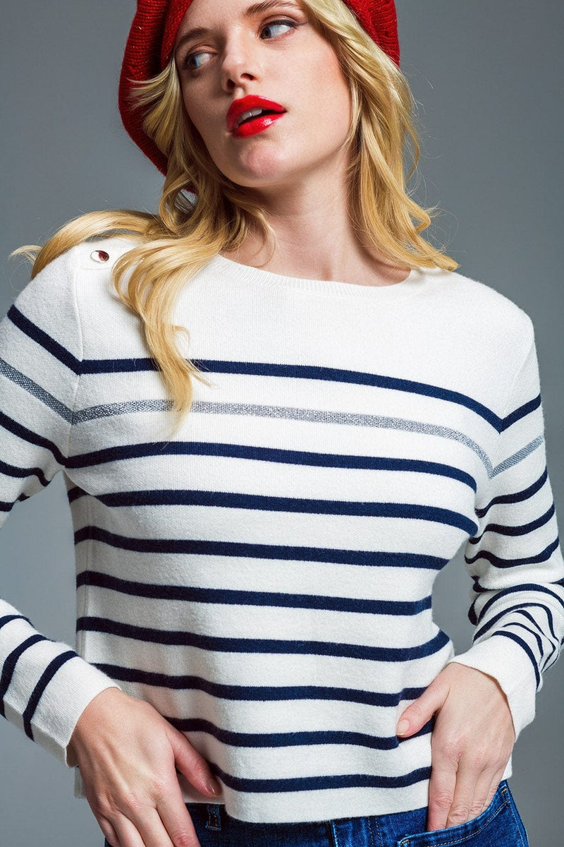 Q2 Women's Sweater Marine Style Stripey Sweater With Button Detail At Shoulder