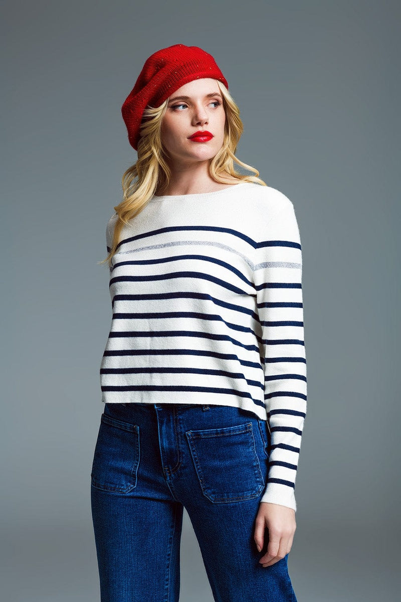 Q2 Women's Sweater Marine Style Stripey Sweater With Button Detail At Shoulder