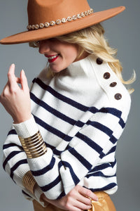 Q2 Women's Sweater Marine Style Sweater With Turtle Neck And Button Detail At Neck In White And Navy