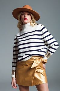 Q2 Women's Sweater Marine Style Sweater With Turtle Neck And Button Detail At Neck In White And Navy