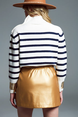 Q2 Women's Sweater Marine Style Sweater With Turtle Neck And Button Detail At Neck In White And Navy