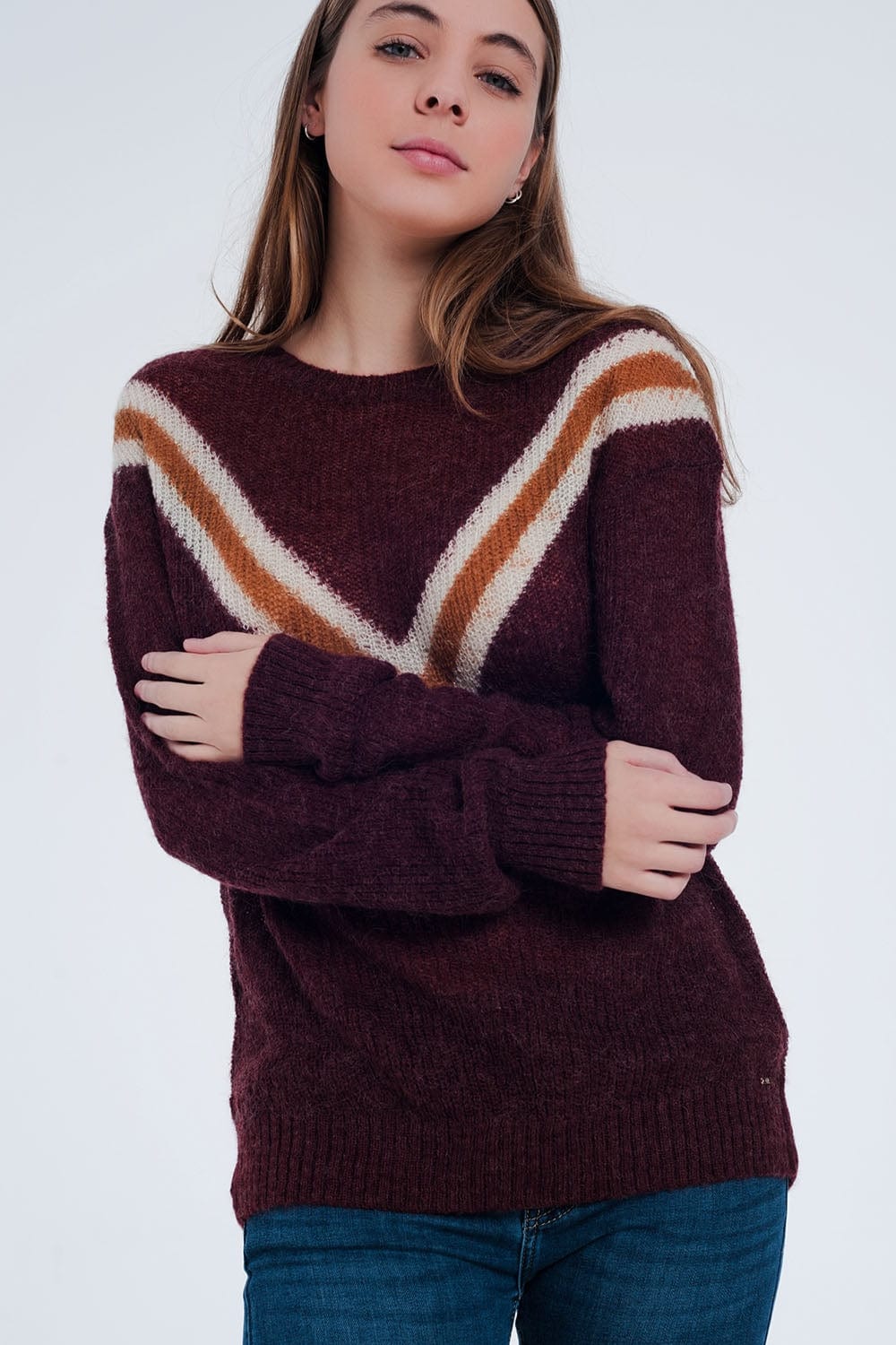 Q2 Women's Sweater Maroon Sweater with Striped Detail
