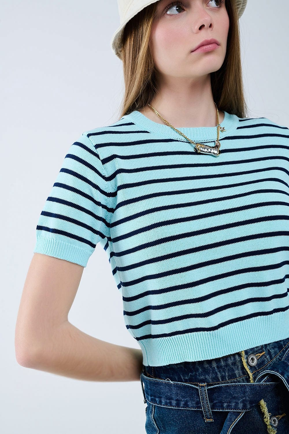 Q2 Women's Sweater Mint Green Crop Sweater With Navy Stripes