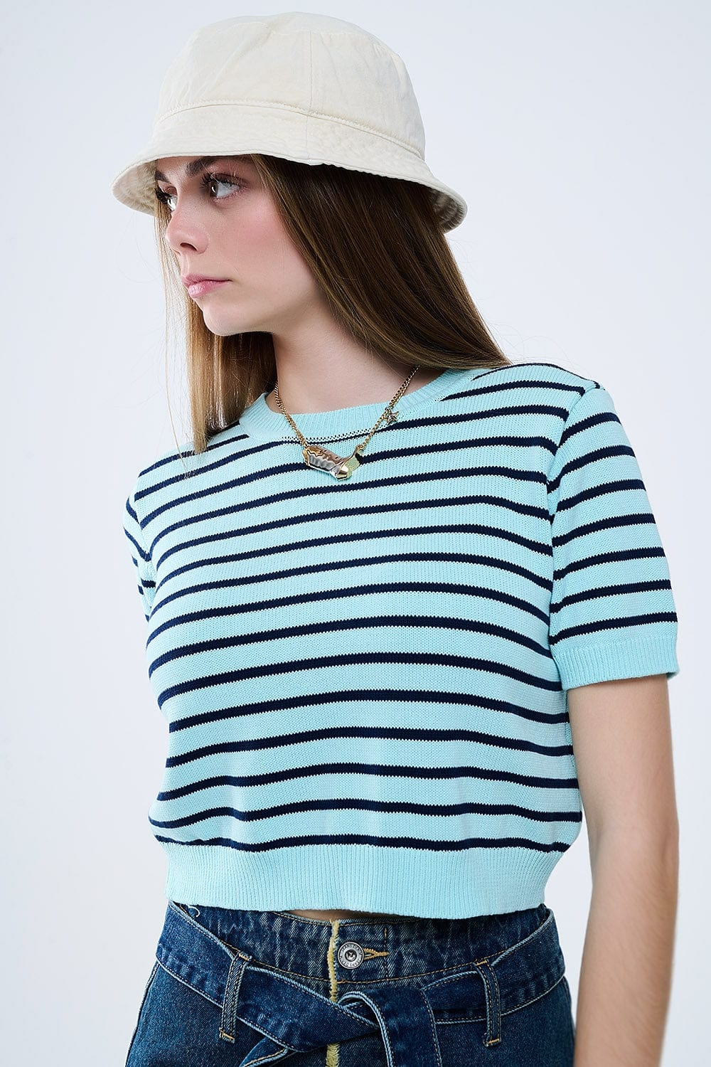 Q2 Women's Sweater Mint Green Crop Sweater With Navy Stripes