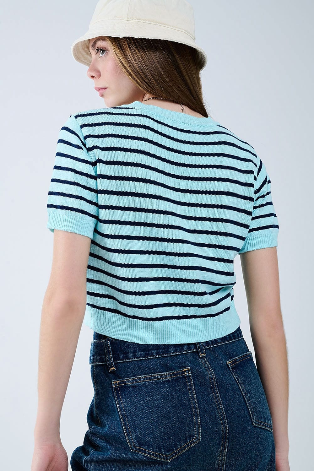 Q2 Women's Sweater Mint Green Crop Sweater With Navy Stripes