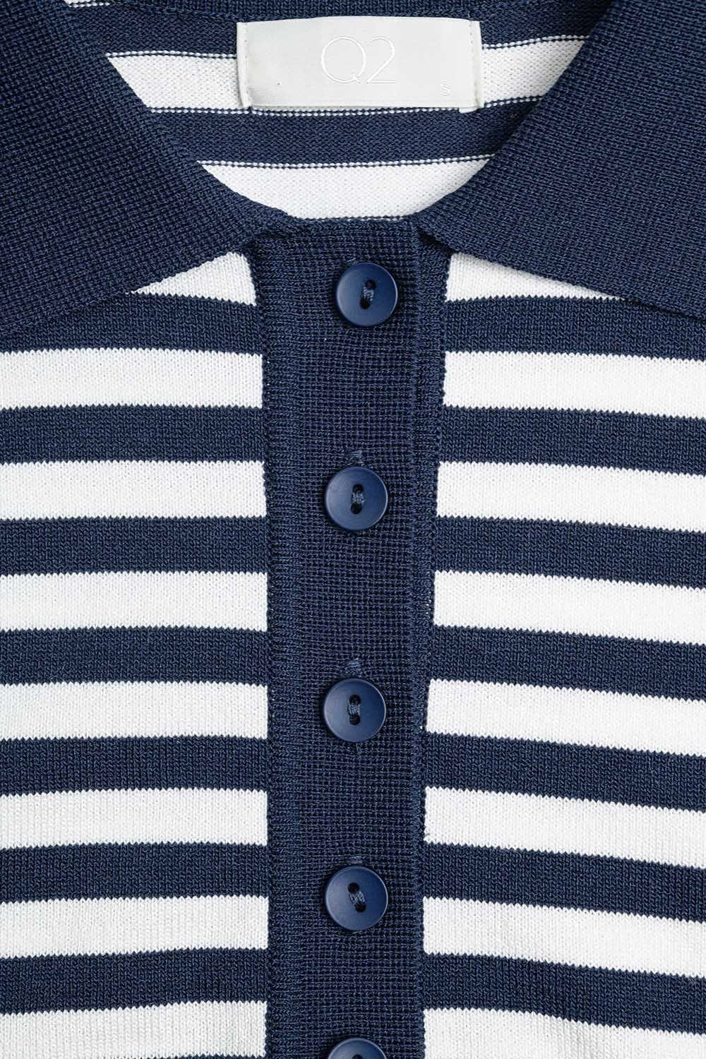 Q2 Women's Sweater Navy And White Striped Knitted Polo T-Shirt