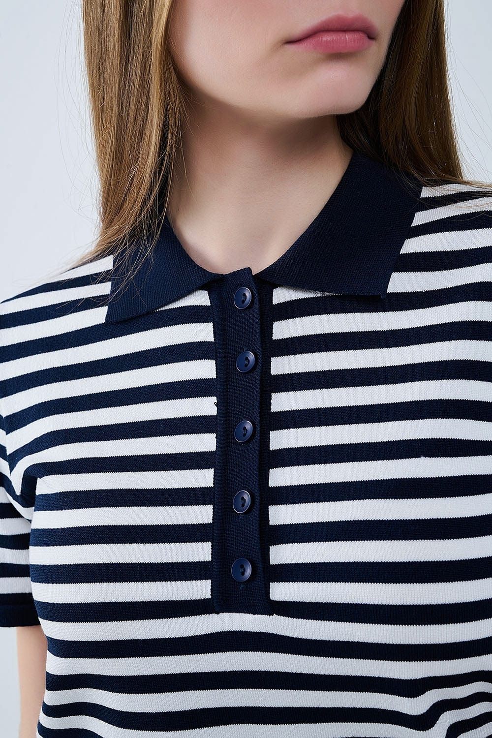 Q2 Women's Sweater Navy And White Striped Knitted Polo T-Shirt