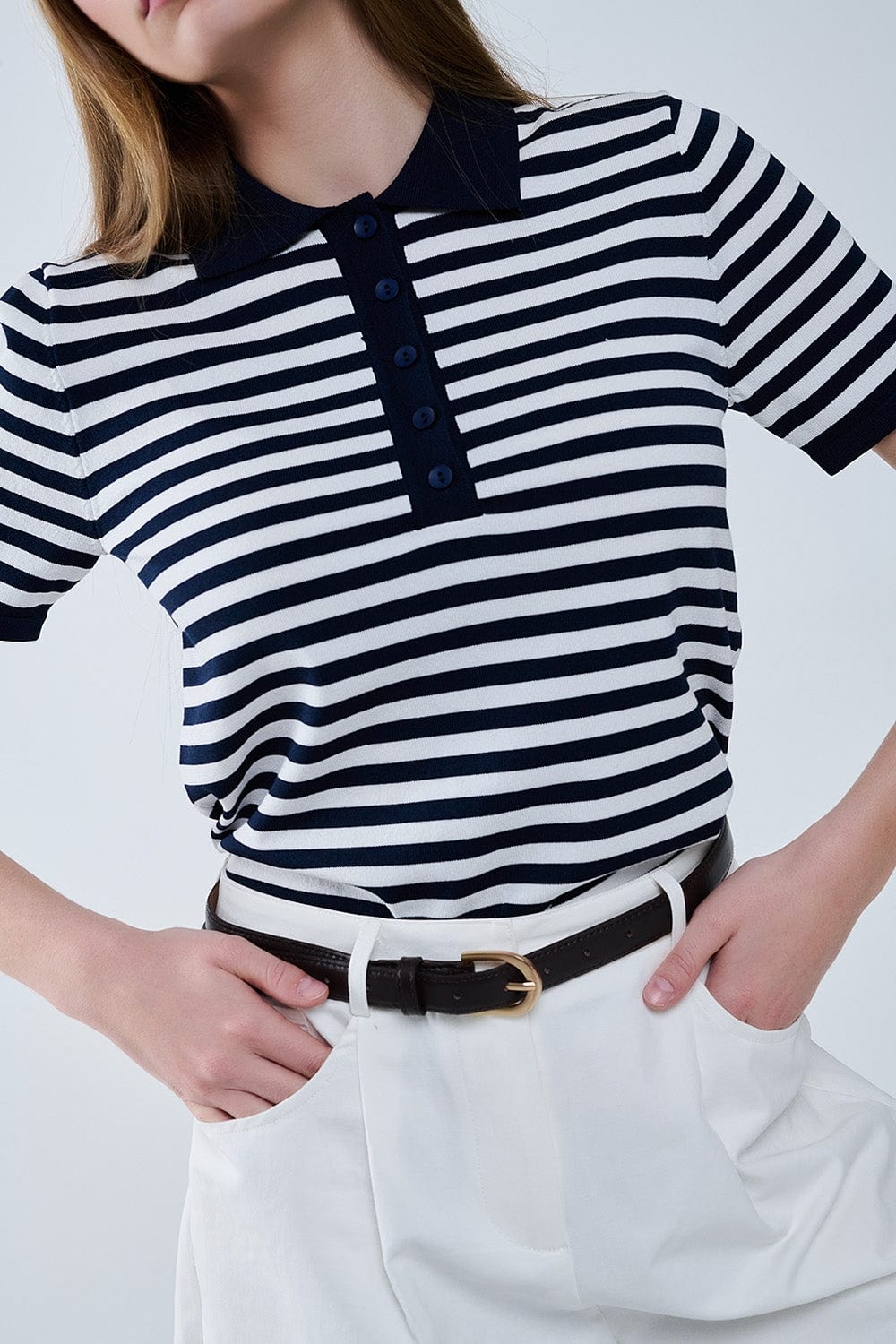 Q2 Women's Sweater Navy And White Striped Knitted Polo T-Shirt