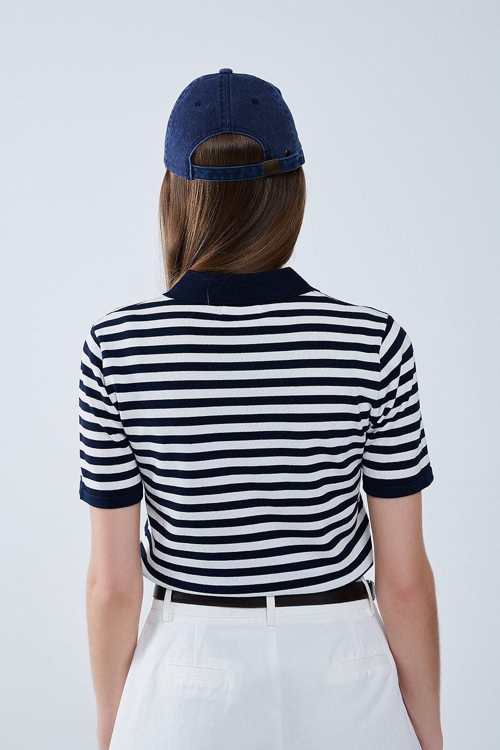 Q2 Women's Sweater Navy And White Striped Knitted Polo T-Shirt