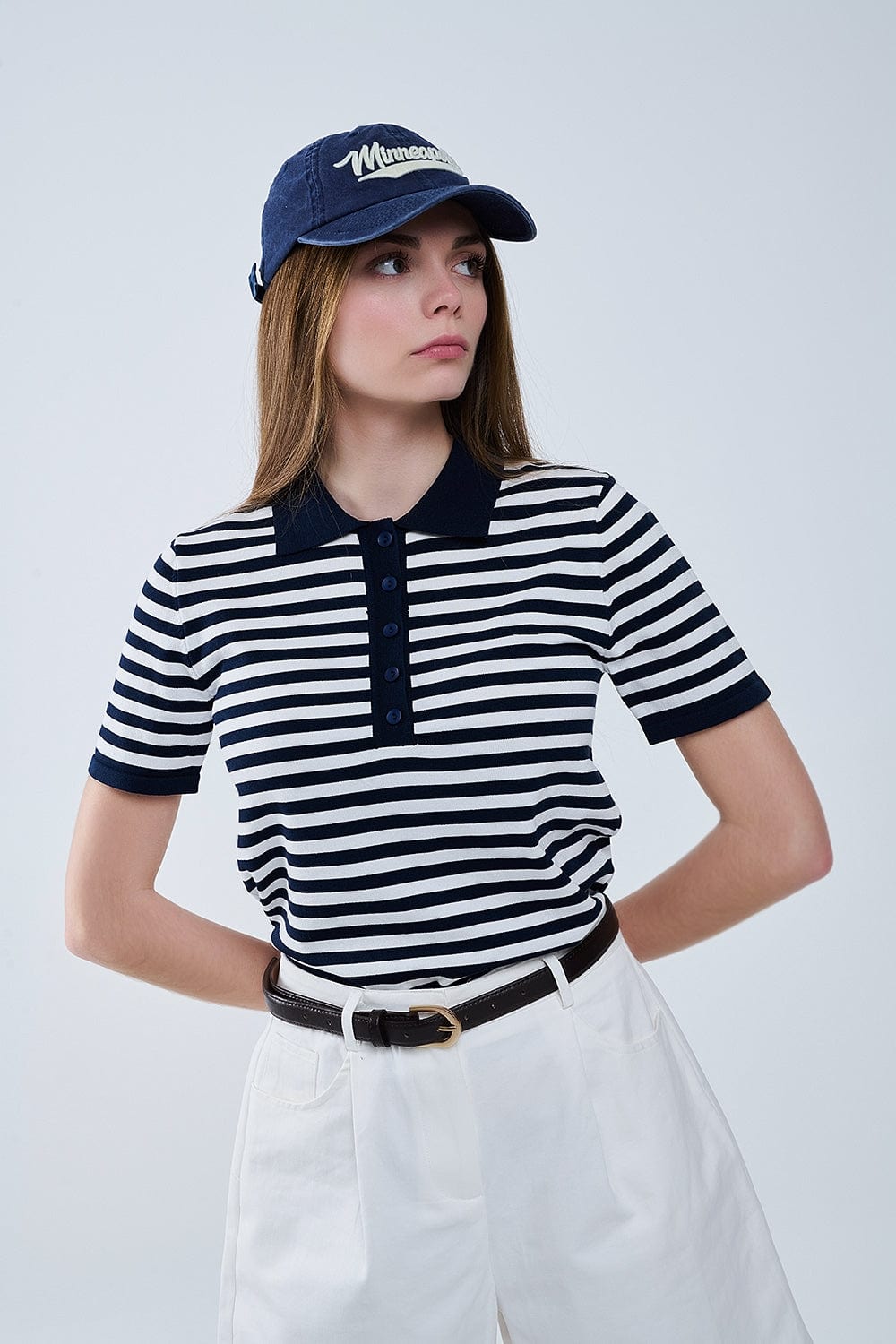 Q2 Women's Sweater Navy And White Striped Knitted Polo T-Shirt