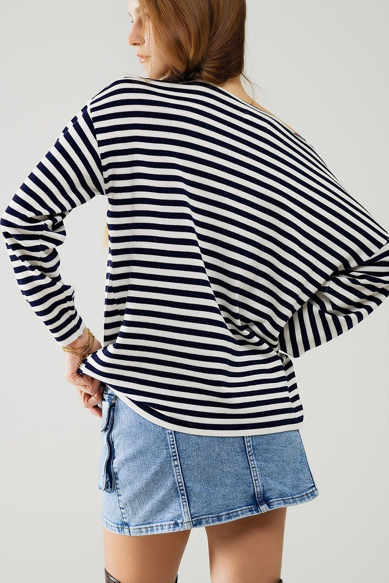 Q2 Women's Sweater Navy Blue Striped Fine Knit Sweater With Boat Neck