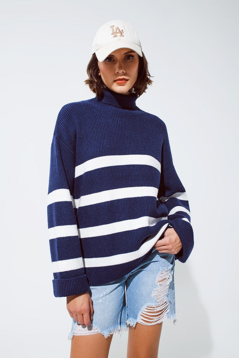 Q2 Women's Sweater Navy Blue Turtle Neck Sweater In Navy With Stripes