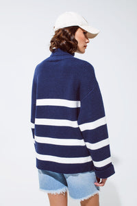 Q2 Women's Sweater Navy Blue Turtle Neck Sweater In Navy With Stripes