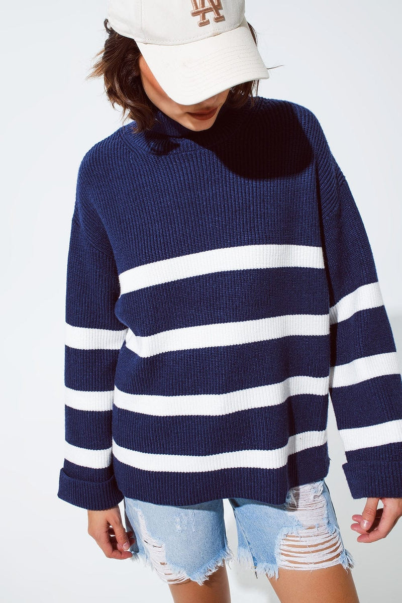 Q2 Women's Sweater Navy Blue Turtle Neck Sweater In Navy With Stripes