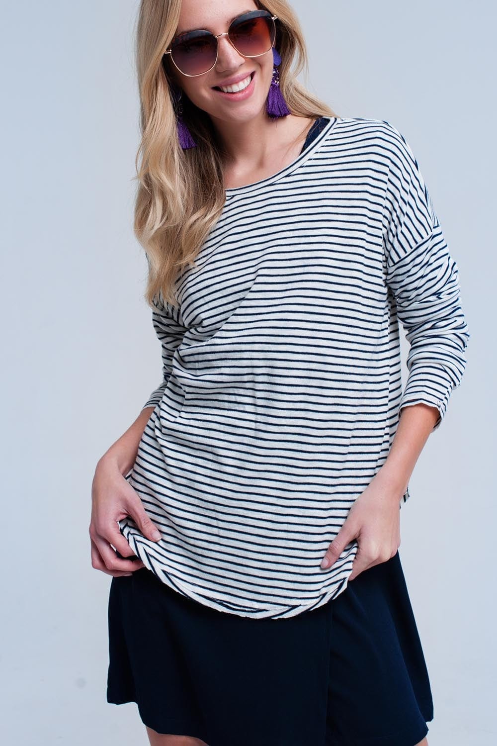 Q2 Women's Sweater Navy striped asymmetric sweater