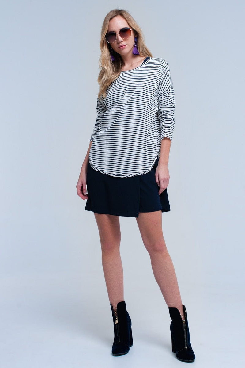 Q2 Women's Sweater Navy striped asymmetric sweater