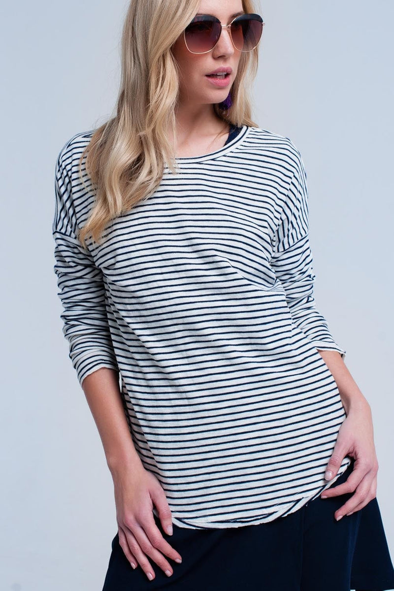 Q2 Women's Sweater Navy striped asymmetric sweater