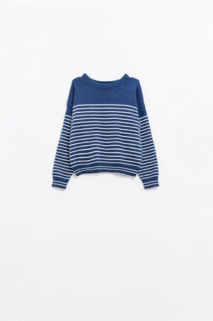 Q2 Women's Sweater Navy Sweater With White Stripes And Boat Neck