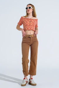 Q2 Women's Sweater Off The Shoulder Cropped Knitted Top In Rust Melange