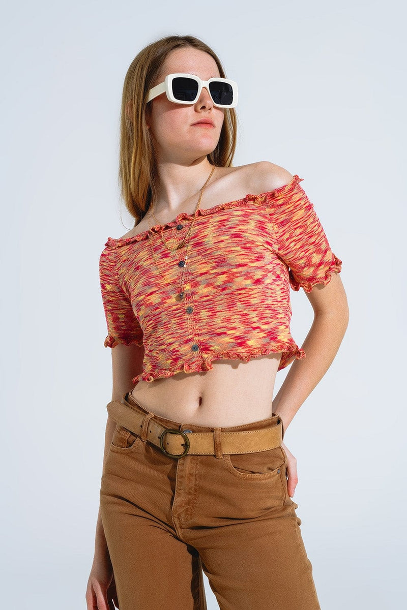 Q2 Women's Sweater Off The Shoulder Cropped Knitted Top In Rust Melange