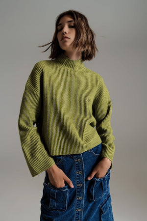 Q2 Women's Sweater Olive Green Soft Ribbed Turtleneck Jumper