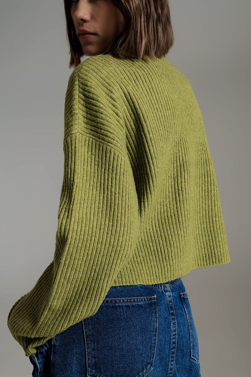 Q2 Women's Sweater Olive Green Soft Ribbed Turtleneck Jumper