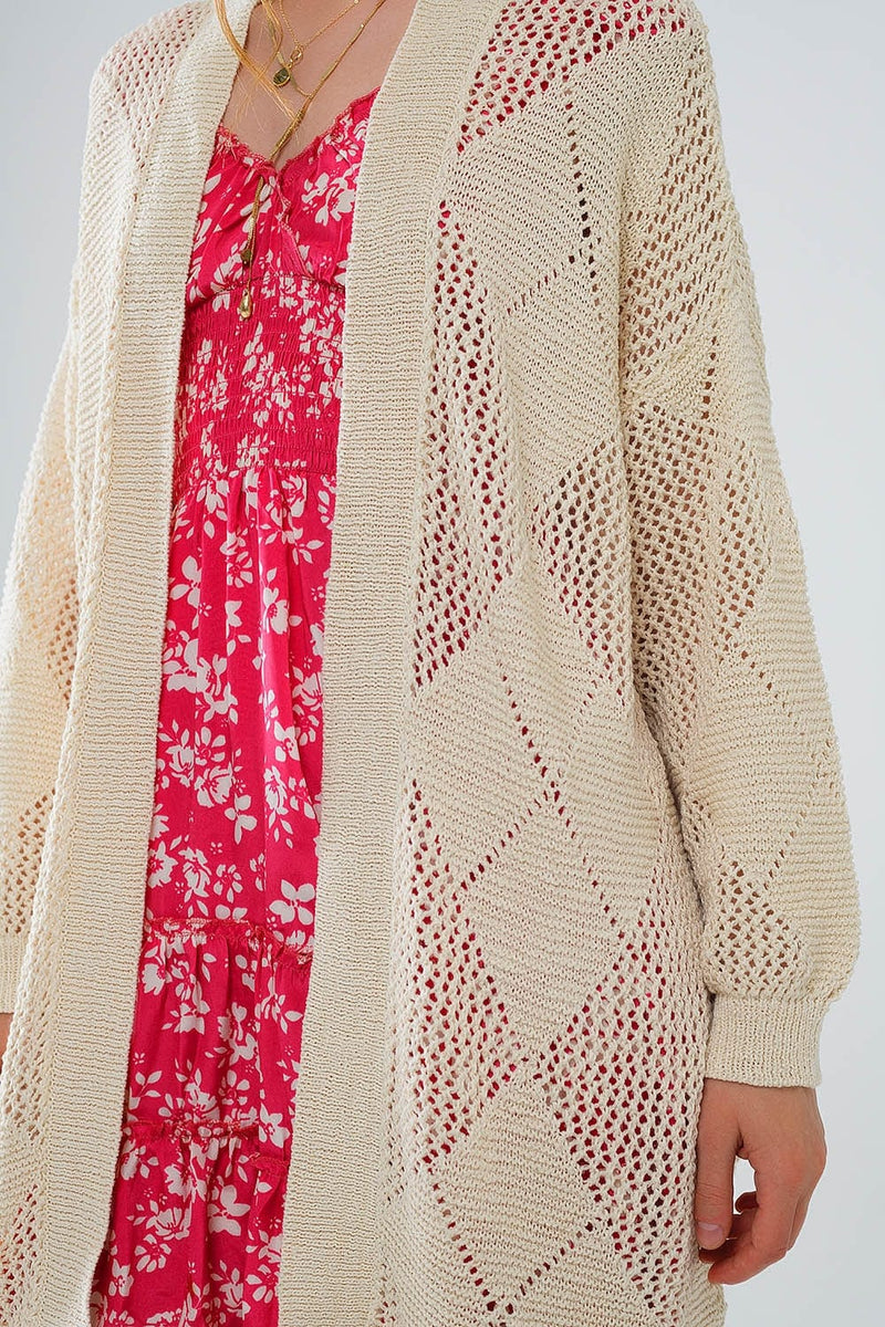 Q2 Women's Sweater One Size / Beige Beige Draped Cardigan With Crochet Design