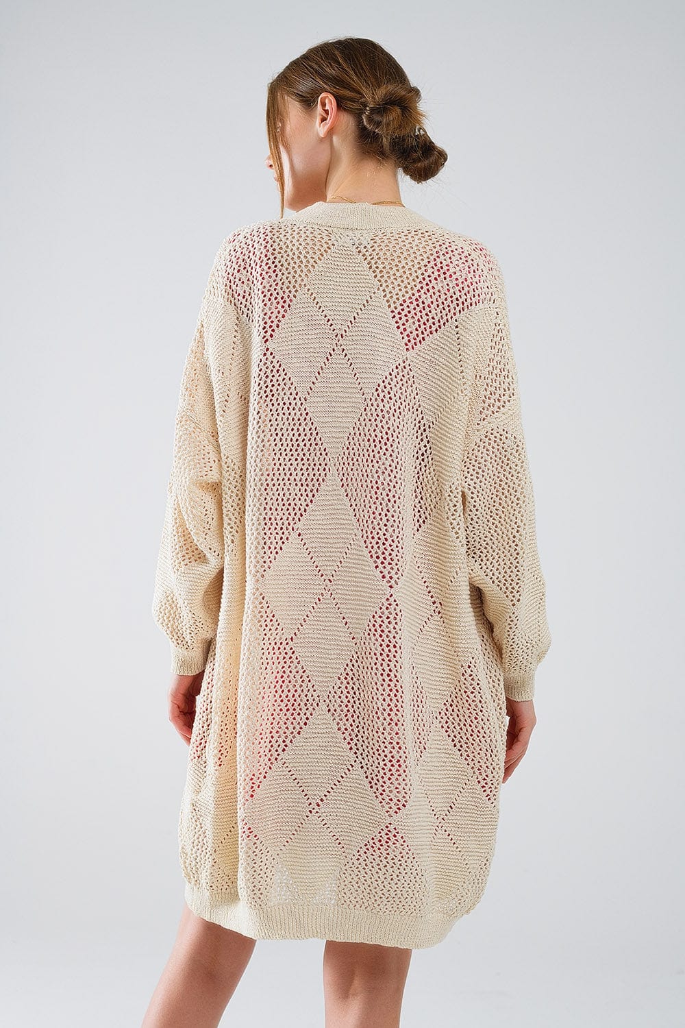 Q2 Women's Sweater One Size / Beige Beige Draped Cardigan With Crochet Design