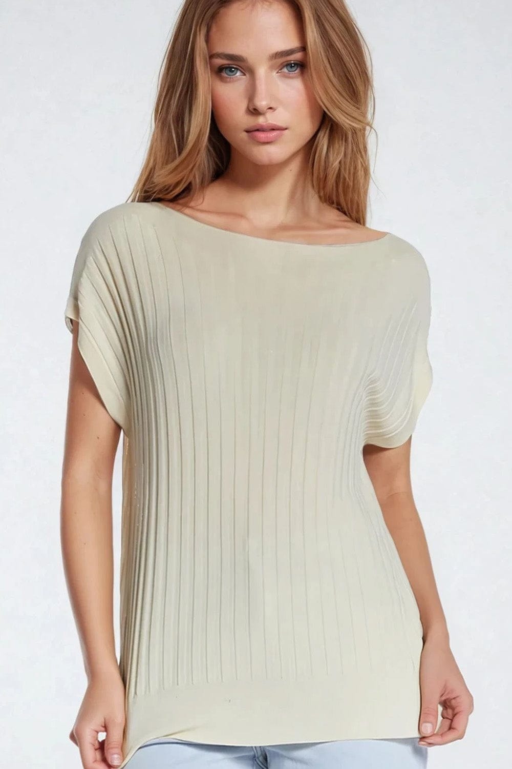 Q2 Women's Sweater One Size / Beige Beige Fine Rib Knitted Sweater With Boat Neck